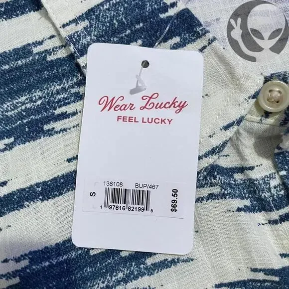 NWT Lucky Brand Men's Button Up Shirt Small Ivory Blue Tribal Preppy Summer - Picture 4 of 6